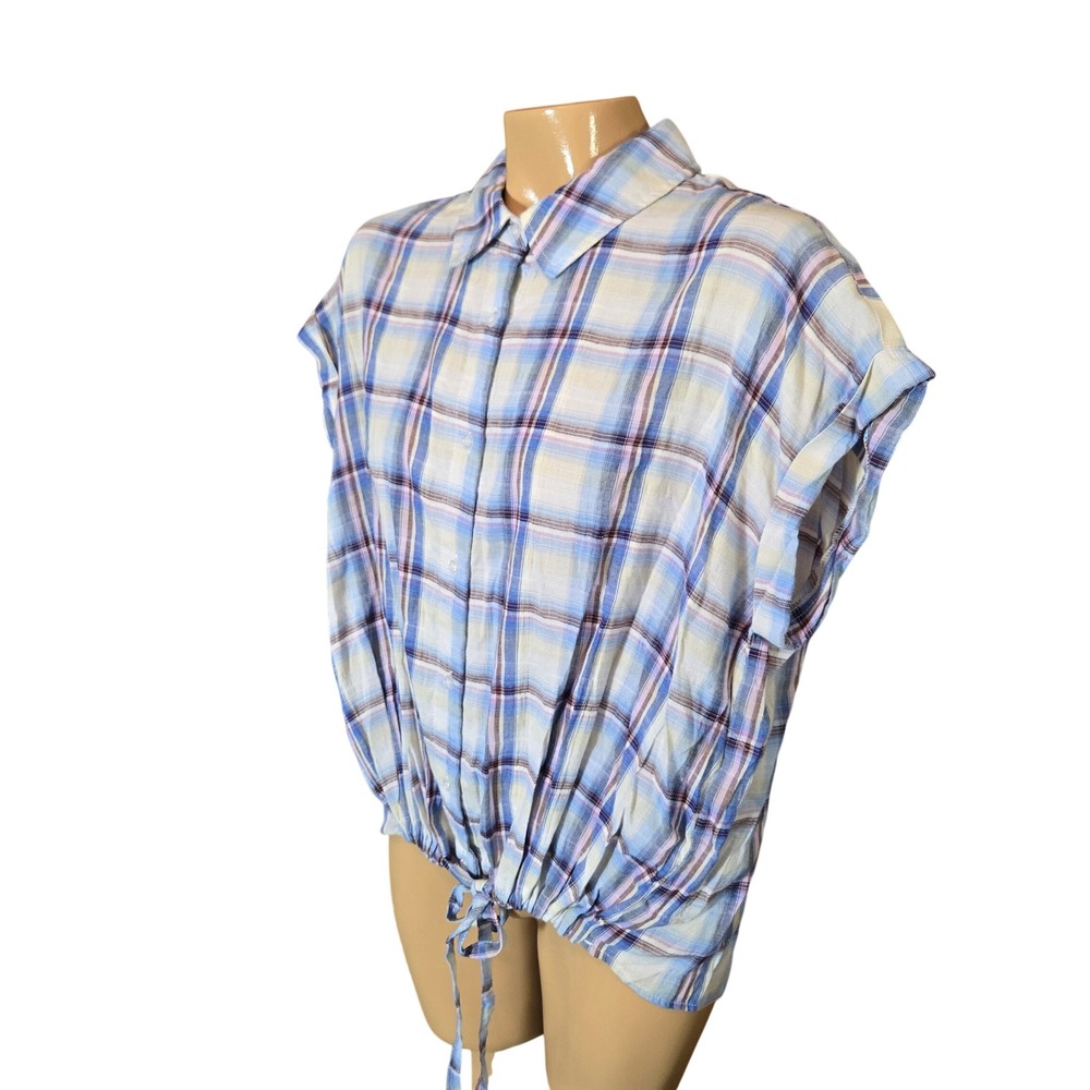 Hem & Thread Womens Top Blue Plaid Large Tie Front Button Down Short Sleeve Gorp
